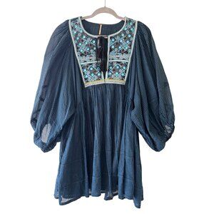 Free People Boho Tunic Dress Balloon Sleeves Embroidered Details Babydoll Fit